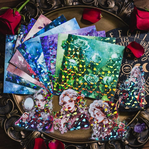 Gothic Night Goddess PET Stickers Shell Luster Holographic Anime Girl Rose Character Scrapbooking Decorative Stationery Stickers