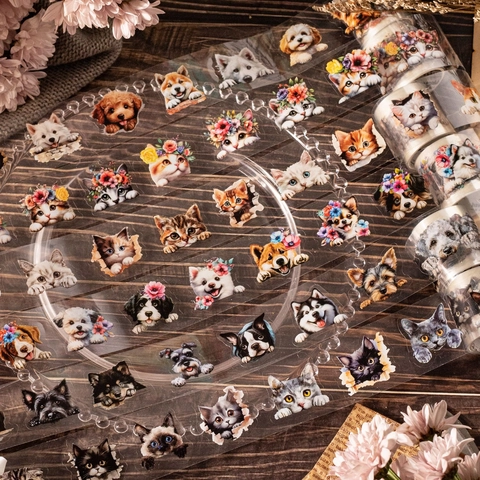 Süßes Haustier Thema PET Stanzband Wasserdicht Dekoratives Katze Hund Aufkleberrolle Für Journaling Scrapbooking Basteln Schreibwaren Geschenk