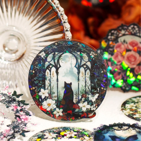 Autocollants PET Marquage Chaud Or Laser Lace Garden Fenêtre Gothique Fleur Papillon Chat Scrapbooking DIY Décoratifs
