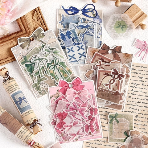 30Pcs Vintage Washi Stickers Pack Retro Bow Floral Aesthetic Decorative Decals For DIY Scrapbooking Journaling Stationery