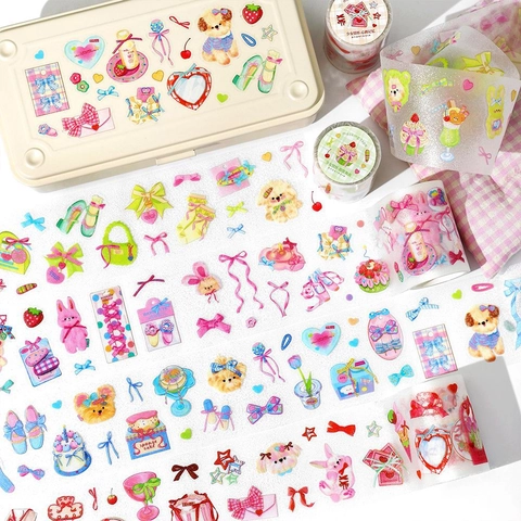 Mignon Ruban Masquage Découpé en PET Finition Scintillante Motif Dessin Animé Fille Ruban Décoratif pour Scrapbooking Bricolage Décoration Journal
