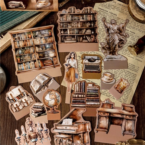Retro 3D Laser Cut Hollow Bookstore Stickers Vintage Library Steampunk Lab Garden Scrapbooking Decoration Journaling Paper Material