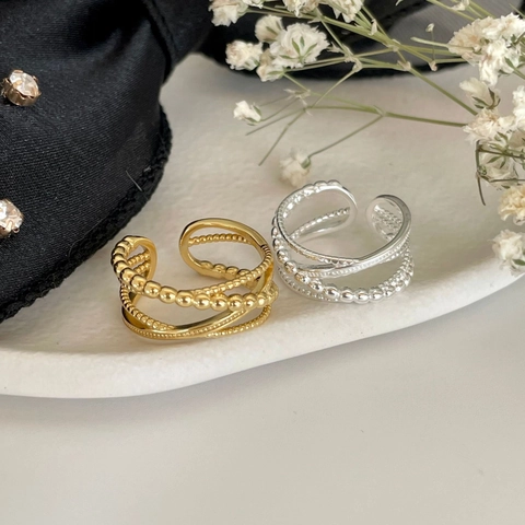 Minimalistisch 925 Sterlingsilber Mehrlagiger Geometrischer Kreuz Offener Ring Damen Trendiger Perlentextur Ring Verstellbar