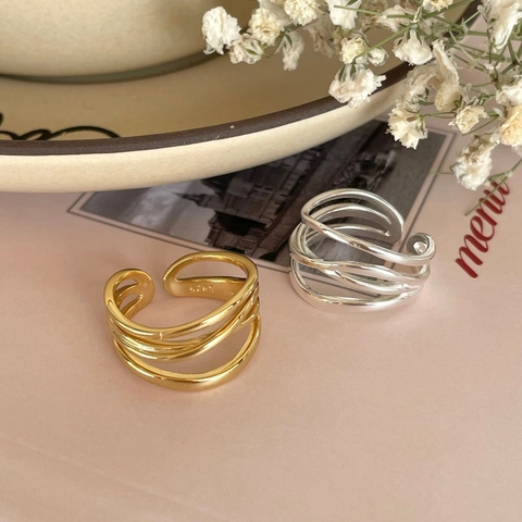 925 Sterling Silver Multi Layer Wave Open Ring For Women Minimalist Geometric Adjustable Fashion Jewelry Finger Ring
