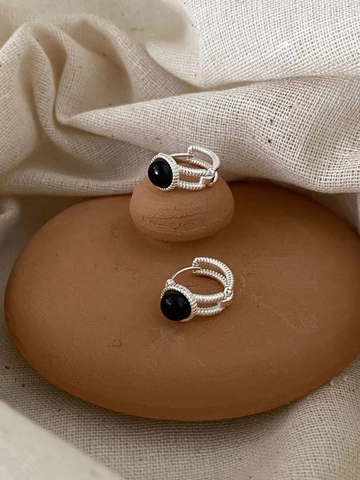 Orecchini a Cerchio in Argento Sterling 925 Minimalisti Francesi per Donna Texture a Cavo Retro con Intarsio di Perline Nere