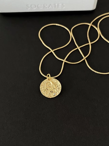 Collana con Ciondolo Moneta in Argento Sterling 925 per Donna Placcata Oro 18K Disco Martellato Rilievo Ritratto Catena Osso di Serpente Gioielli Strass Retro