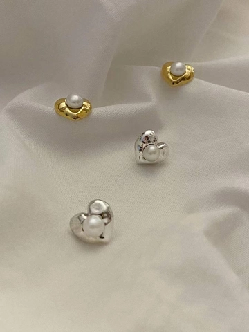 Orecchini a Bottone a Cuore in Argento Sterling 925 Vintage per Donna Elegante Perla Artificiale Oro Argento Placcato Gioielli