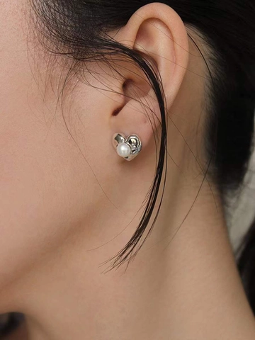 Orecchini a Bottone a Cuore in Argento Sterling 925 Vintage per Donna Elegante Perla Artificiale Oro Argento Placcato Gioielli