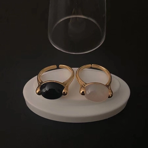 Anillo de Plata de Ley 925 con Piedra Natural Estilo Retro Francés Anillo Abierto Ajustable para Mujer Ónice Negro Ágata Blanca Joyería Ovalada