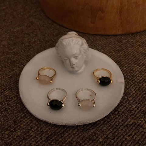 Anillo de Plata de Ley 925 con Piedra Natural Estilo Retro Francés Anillo Abierto Ajustable para Mujer Ónice Negro Ágata Blanca Joyería Ovalada