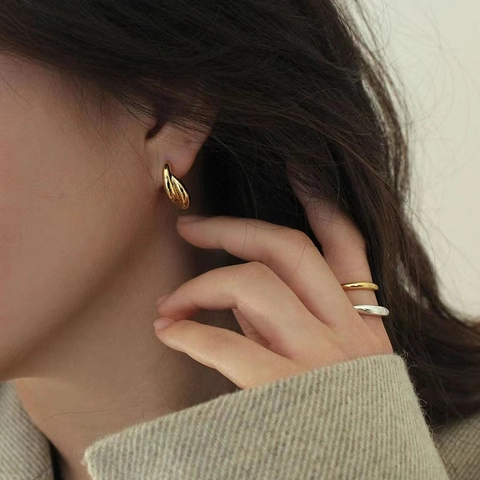 925 Sterling Silver Twisted Croissant Hoop Earrings For Women Korean Style Minimalist 18K Gold Plated Metallic Jewelry Gift