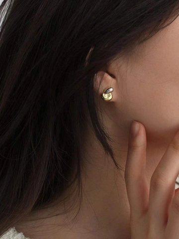 925 Sterling Silver Two-Tone Stud Earrings For Women Minimalist Gold Silver Plated Geometric Organic Shape Ear Jewelry Elegant Daily Gift