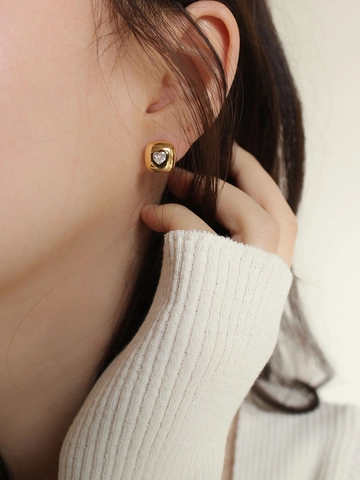 French Vintage 925 Sterling Silver Heart Rhinestone Stud Earrings Square Geometric Gold Silver Plated Jewelry For Women
