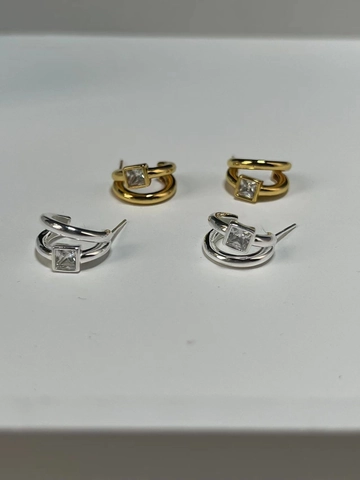 Orecchini a Bottone Geometrici a Doppio Strato in Argento Sterling 925 Minimalisti per Donna Con Strass Quadrati Intarsiati