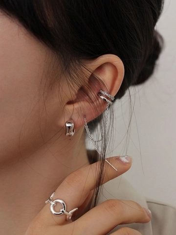 Pendientes de Clip de Oreja Integrados con Poste de Plata de Ley 925 Mujer Diamante de Imitación Borla Larga Joyería de Moda Coreana