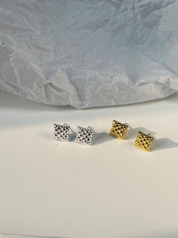 Pendientes de Botón de Plata de Ley 925 para Mujer Estilo INS Coreano Cuadrado Geométrico Patrón Acolchado Joyería Galvanizada