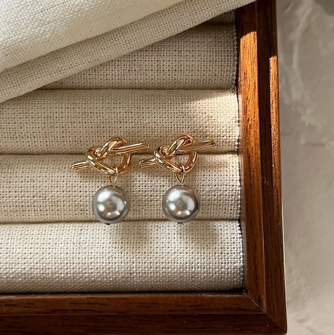 Orecchini a Goccia con Perle Design a Nodo Francese Perno in Argento Sterling 925 Oro Rosa Eleganti Perle Artificiali