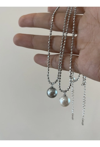 925 Sterling Silver Single Artificial Pearl Pendant Necklace Shiny Cut Flower Beads Ball Chain Clavicle Necklace Elegant Women Jewelry
