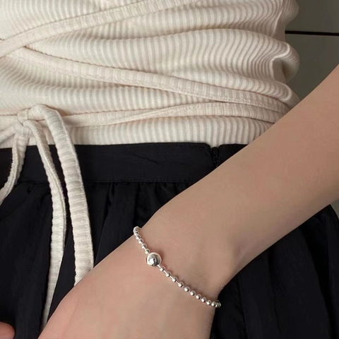 Bracciale a Sfere in Argento Sterling 925 per Donna Catena Regolabile Minimalista Perline d'Argento Lucidate Gioielli di Moda Regalo