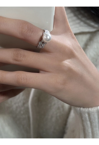 925 Sterling Zilver Kunstparel Strass Verstelbare Ring Voor Dames Elegante Witgoud Vergulde Open Vingerring Sieraden