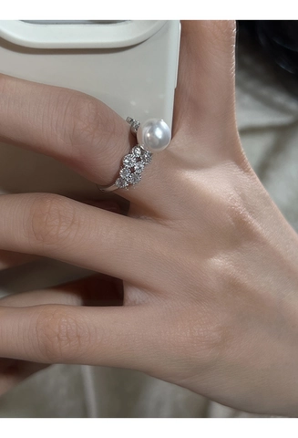 925 Sterling Zilver Kunstparel Strass Verstelbare Ring Voor Dames Elegante Witgoud Vergulde Open Vingerring Sieraden