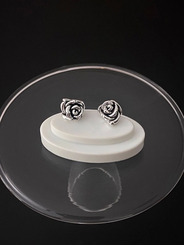Orecchini a Bottone a Forma di Rosa in Argento Sterling 925 Vintage per Donna Design Floreale Ossidato Argento Thai Gioielli