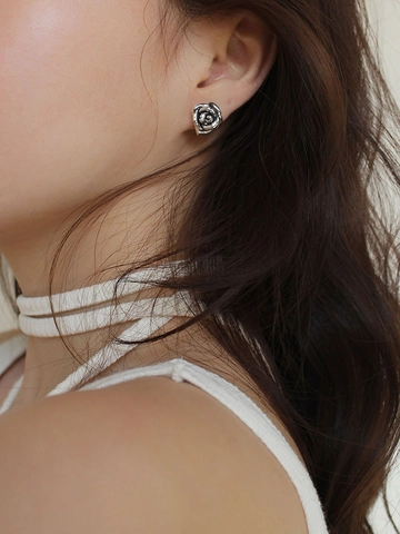 Orecchini a Bottone a Forma di Rosa in Argento Sterling 925 Vintage per Donna Design Floreale Ossidato Argento Thai Gioielli