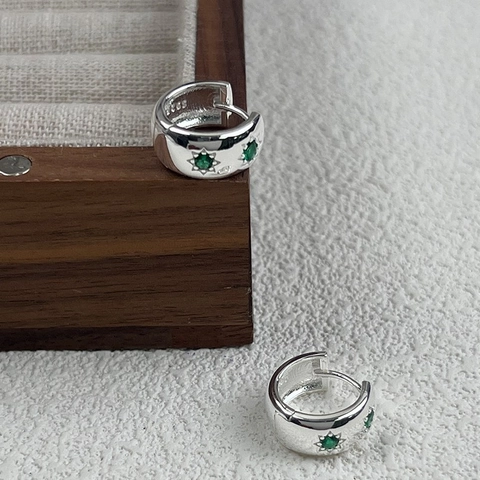 925 Argento Sterling Stella Huggie Orecchini a Cerchio Strass Verde Intarsiato Stile Coreano Geometrico Piccoli Orecchini per Donna Gioielli