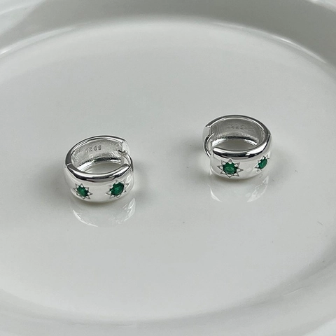 925 Argento Sterling Stella Huggie Orecchini a Cerchio Strass Verde Intarsiato Stile Coreano Geometrico Piccoli Orecchini per Donna Gioielli