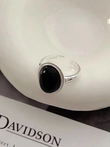 925 Sterlingsilber Ring Damen Vintage Schwarzer Achat Offener Ring Verstellbar Geometrisch Minimalistisch Gedrehte Seilstruktur Schmuck