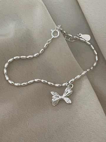 Pulsera de Lazo de Plata de Ley S925 para Mujer Estilo Coreano Minimalista Cadena de Cuentas de Arroz Joyería Fina Regalo