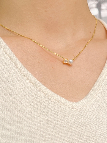 Collana con Pendente in Argento Sterling 925 Perla d'Acqua Dolce Strass Oro Bianco Placcato Oro Catena Minimalista Gioielli Donna