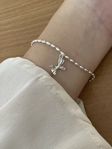 Pulsera de Lazo de Plata de Ley S925 para Mujer Estilo Coreano Minimalista Cadena de Cuentas de Arroz Joyería Fina Regalo