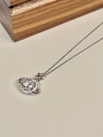 925 Sterling Silver Saturn Planet Pendant Necklace For Women 1 Carat Zirconia Star Orb Charm Light Luxury Choker Jewelry Gift