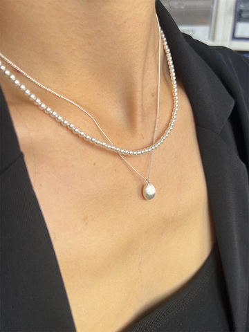 Brushed 925 Sterling Silver Nugget Pendant Necklace For Women Minimalist Double Layered Freshwater Pearl Chain Jewelry