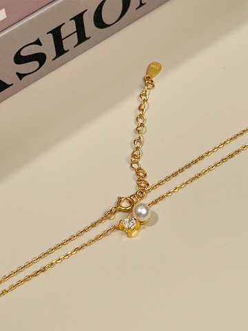 Collana con Pendente in Argento Sterling 925 Perla d'Acqua Dolce Strass Oro Bianco Placcato Oro Catena Minimalista Gioielli Donna
