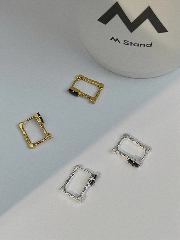 Pendientes de Aro de Plata de Ley 925 con Ónix Negro para Mujer Cuadrados Rectangulares Geométricos Textura Martillada con Strass