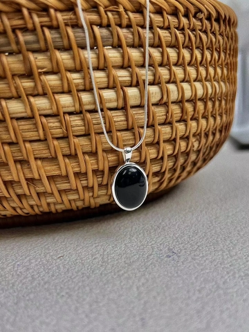 Elegante Collana in Argento Sterling 925 Con Agata Nera per Donna Ciondolo Ovale in Pietra Nera Catena a Serpente Regalo Gioielli