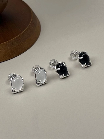 Pendientes de Botón de Plata de Ley 925 Retro Ónix Negro Calcedonia Blanca Minimalistas Geométricos Estilo Ins Joyería Mujer