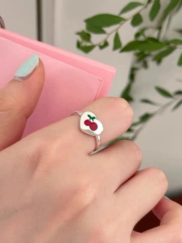 925 Sterlingsilber Kirsch Herz Offener Ring Verstellbar Süßer Koreanischer Stil Rote Kirsche Emaille Herz Schmuck Geschenk Damen