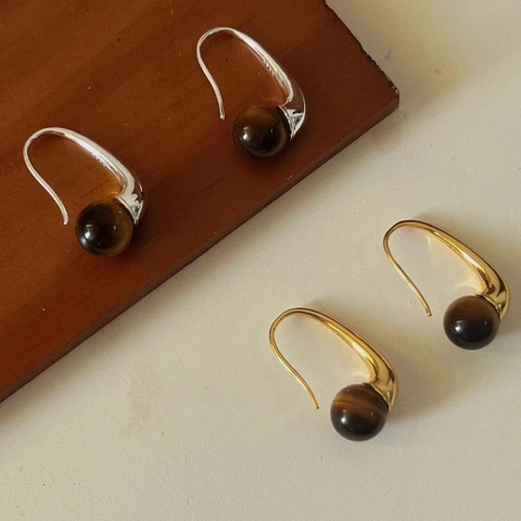925 Sterling Silver Tiger Eye Drop Earrings For Women Minimalist Geometric Round Bead Dangle Earrings Gold Silver Plated Jewelry Gift