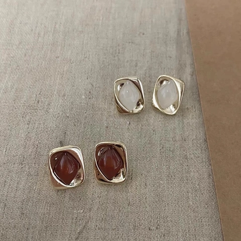 925 Sterling Silver Geometric Square Stud Earrings For Women Minimalist Korean Style Gold Silver Plated Chalcedony Earrings Fashion Jewelry