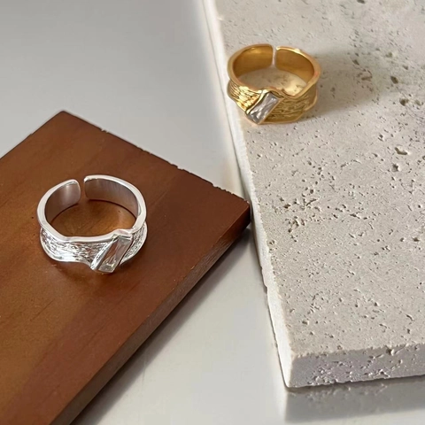 S925 Sterling Silver Irregular Wrinkle Wide Band Open Ring Minimalist Geometric Rhinestone Adjustable Finger Ring For Women Jewelry Gift