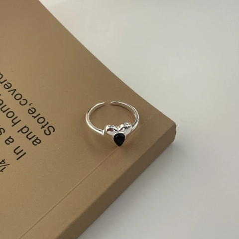 925 Sterlingsilber Schwarzer Achat Herz Ring Verstellbarer Offener Ring Vintage Koreanischer Minimalistischer Schmuck Damen