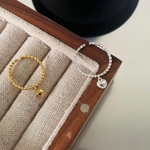 925 Sterlingsilber Minimalistisch Gedrehtes Seil Offener Ring Für Damen Herzanhänger Einstellbarer Fingerring Schmuck Geschenk