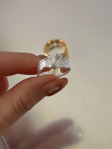 S925 Sterling Silver Irregular Wrinkle Wide Band Open Ring Minimalist Geometric Rhinestone Adjustable Finger Ring For Women Jewelry Gift