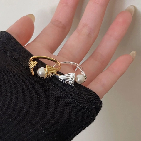 S925 Sterling Silver Artificial Pearl Open Ring Minimalist French Shell Shape Adjustable Finger Ring Fashion Jewelry For Women