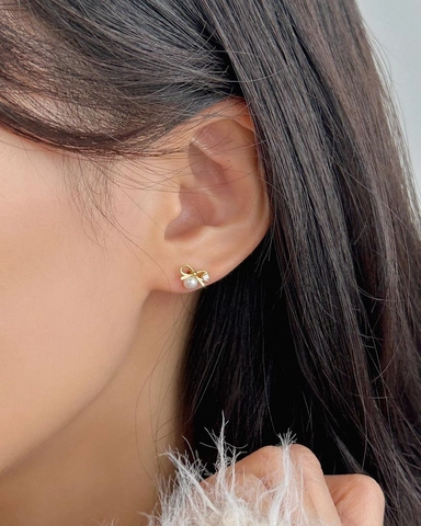 Pendientes de Botón con Lazo de Plata de Ley 925 con Perla Artificial y Circonia Joyería de Oreja Elegante para Mujer