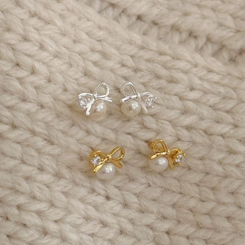 Pendientes de Botón con Lazo de Plata de Ley 925 con Perla Artificial y Circonia Joyería de Oreja Elegante para Mujer