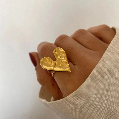 925 Sterlingsilber Gehämmertes Herz Offener Ring 18K Vergoldet Unregelmäßig Verstellbarer Fingerring Für Damen Mode Schmuck